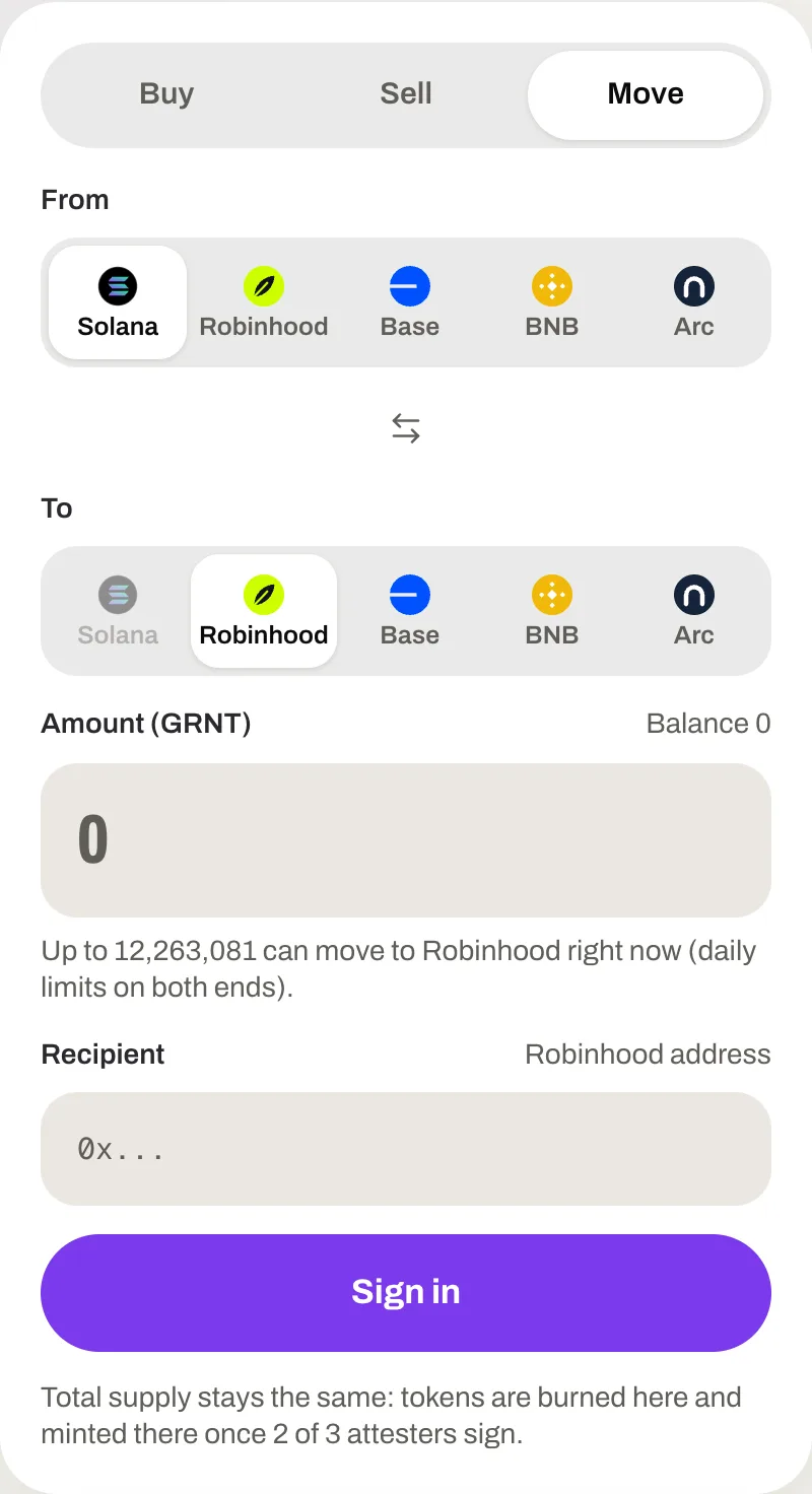The move panel: pick a chain, an amount and a recipient, then move.
