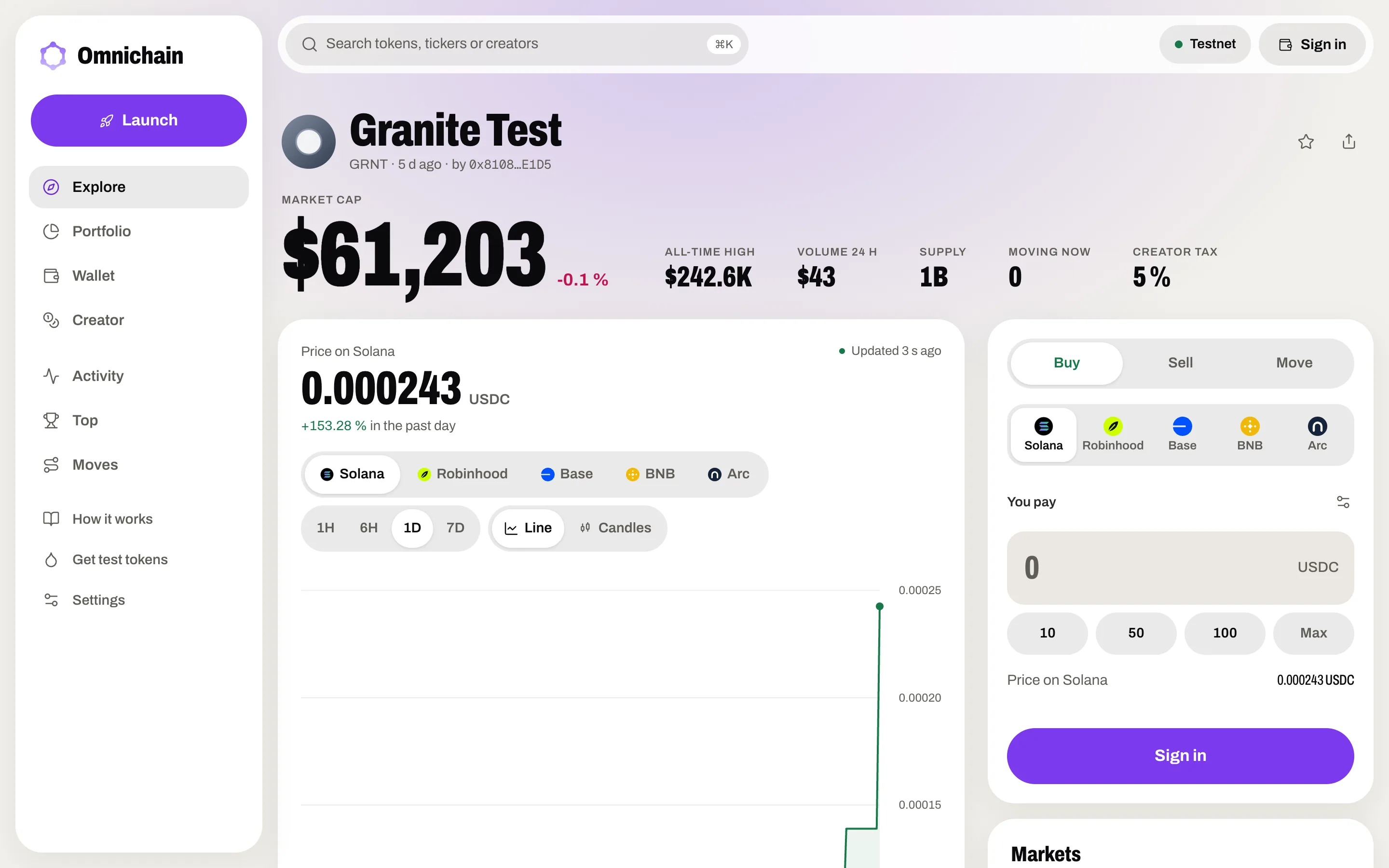 A token page: market cap, price on each chain, bonding curves per chain and the trade panel.